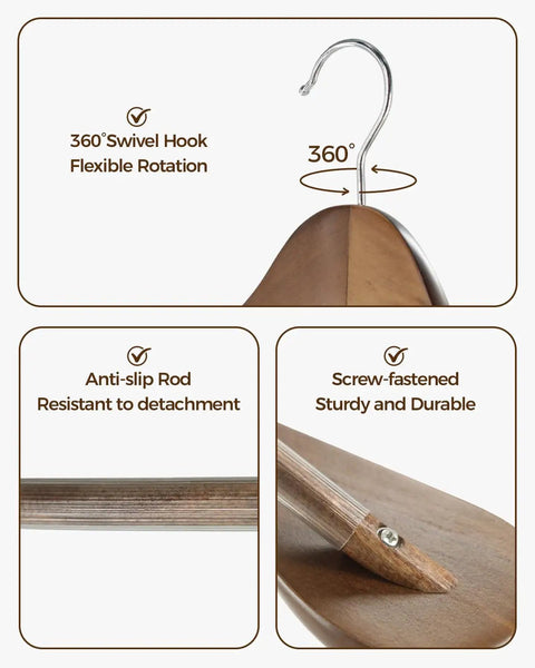 Close-up of Premium Vintage Wood Hangers 12-Pack showcasing 360° swivel hook, anti-slip rod, and screw-fastened design.