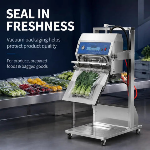 Big Time Vertical Pneumatic Vacuum Sealer With Wide 600mm Stainless Steel Sealing Bar And Rolling Cart, sealing produce.