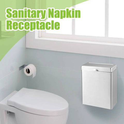 Four Pack Wall Mounted Sanitary Napkin Receptacle Stainless Steel Tampon Disposal Bins installed in bathroom next to toilet