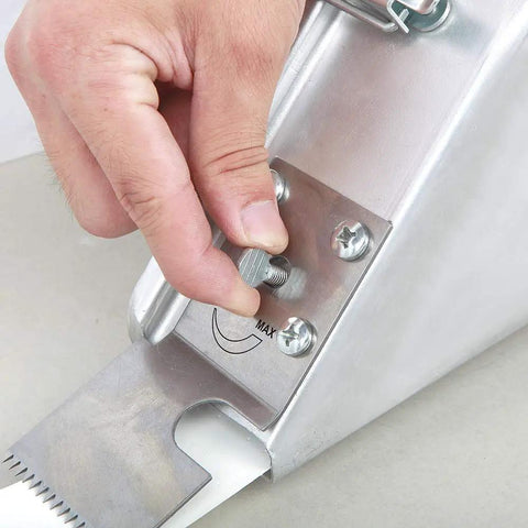 Person adjusting mud control knob on Banjo Dry Tape Holder For Drywall Tapers, Go-To Pro Grade Aluminum Tool, 500 Ft Tape Capacity.