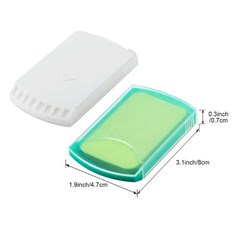 On The Go Hand Soap Sheets For Travel And Outdoors in compact white and teal case, dimensions labeled, dissolves in water for quick lather.