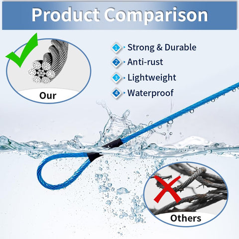 Product comparison showing 10Ft Outdoor Security Cable For Luggage And Bikes Braided Stainless Steel Wire Rope 3.3mm Thick in water.