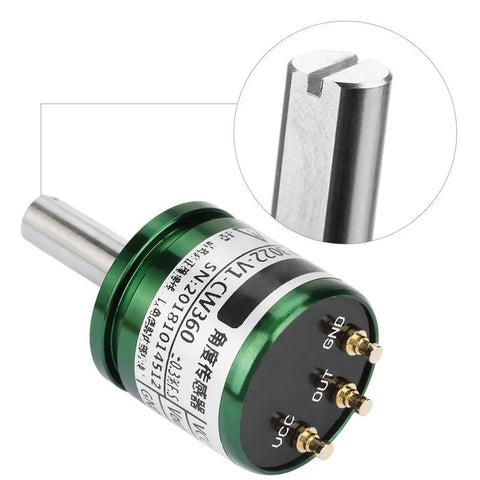 Angle Sensor For Hall Effect Tech Full Circle Rotatable 0 To 360 Degrees 0 To 5V Output 12 Bit Resolution DC 5V Supply Rugged Pro Grade Hall Effect Sensor With Wide Operating Range And High Accuracy. Green Hall effect angle sensor with shaft and three terminals, inset shaft close-up