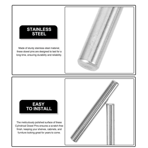 Heavy Duty 304 Stainless Steel Dowel Pins, 100 Pcs, 5x40mm Solid Alignment Shelf Pegs shown close-up and side view