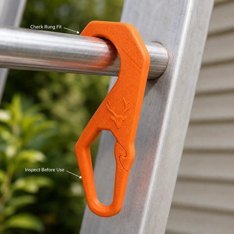 Orange Ladder Hook For Wall Painting And Home Maintenance Hang Paint Cans And Small Tools On A Ladder Rung With A Curved Top Over The Rung And A Lower Opening For Quick DIY Fixes And Clean Worksite Organization. orange ladder hook on aluminum rung, orange plastic