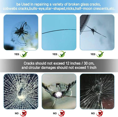 Image showing examples of auto glass cracks suitable and unsuitable for the 4-Piece Windshield Repair Kit for Chips and Cracks, DIY Auto Glass Fix Tools With Nano Repair Fluid, Star Shaped Crack Repair, Fast Clear Results for Minor Windshield Damage.