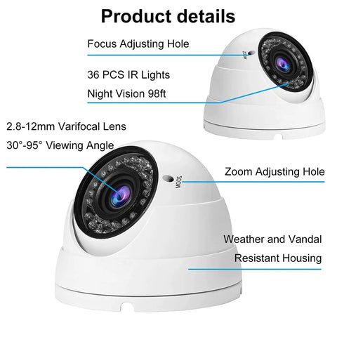 1080P HD 4-In-1 Analog CCTV Dome Camera with 2.8-12mm varifocal lens, 36 IR LEDs, detail view showing focus controls and housing
