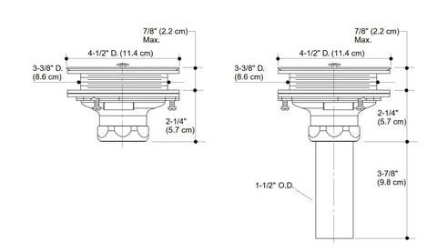 Technical diagram of Brushed Bronze Duostrainer Style Sink Strainer With 1.5 Inch Drain, fitting sizes and dimensions shown.