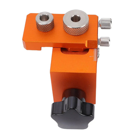 Heavy Duty Double Hole Drill Positioner Kit Featuring Adjustable Woodworking Guide Jig showing aluminum guide with knobs for cabinet making.
