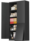 72 Inch Black Steel Locking Cabinet With Doors And 4 Adjustable Shelves, Heavy Duty Garage Storage Locker For Home Office, Basement Or Workshop, Tall Metal File And Tool Cabinet with open doors displaying organized items like folders, towels, and tools