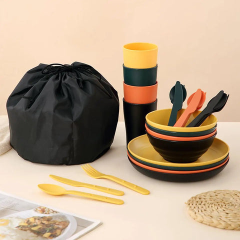Camping Mess Kit For Four With Plates Bowls Cups Utensils And Carry Bag Food Grade Plastic Outdoor Dinnerware Gear For Travel Picnics And Campouts