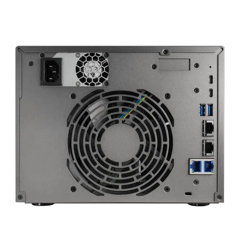 Back view of Badass Six Bay Network Attached Storage featuring AMD Ryzen Quad Core and USB4 ports for connectivity.