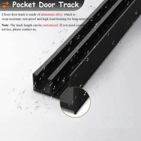 Close-up of black aluminum pocket door track, highlighting the Hidden Sliding Mirror Closet Door Track Kit For Narrow Openings.