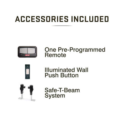Accessories included with Chain Drive 500 Garage Door Opener Model 1035: remote, wall push button, Safe-T-Beam system.