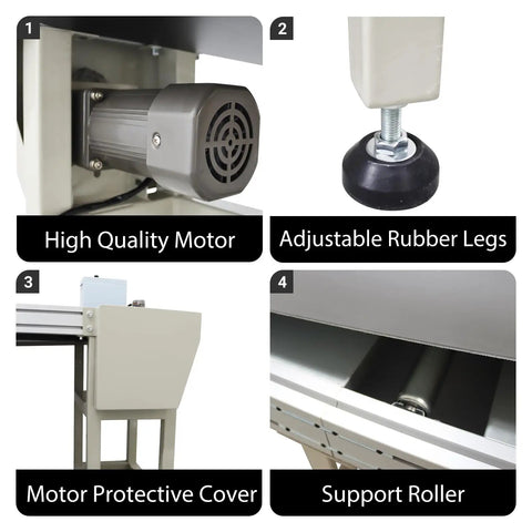 Industrial-Grade Electric PVC Belt Conveyor with motor, protective cover, adjustable rubber legs, and support roller details.