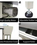 Heavy Duty Electric PVC Belt Conveyor With Adjustable Speed Desktop Transport Machine Aluminum Alloy Frame Industrial Grade 177 Inch Long By 11.8 Inch Wide 250W 110V Black Workhorse For Easy Setup showing motor, rubber legs, protective cover, and roller.