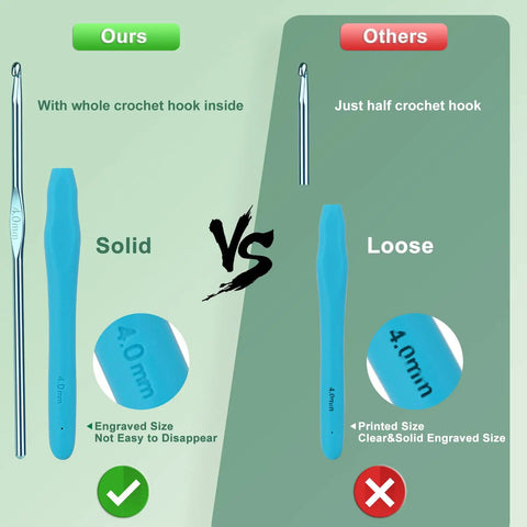 Image comparing crochet hook solidity with Beginner Crochet Kit With Yarn And Tools Learn To Crochet Set Includes Ergonomic Hooks.