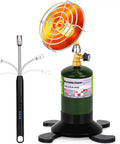 Portable Propane Heater For Camping And Outdoors With Cordless Control Valve, black and green, with foldable tank holder.