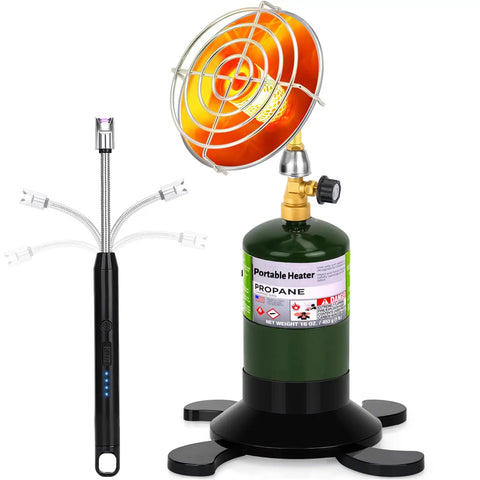 Portable Propane Heater For Camping And Outdoors With Cordless Control Valve, black and green, with foldable tank holder.