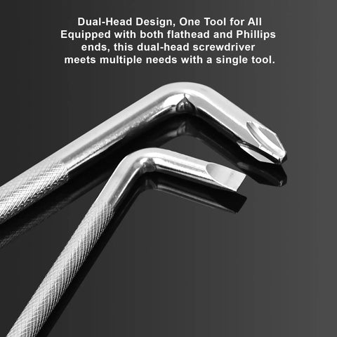 Close-up of dual-head 3-Piece Offset Screwdriver Set with Right-Angle Design Phillips and Flat Head Bits for tight spaces.
