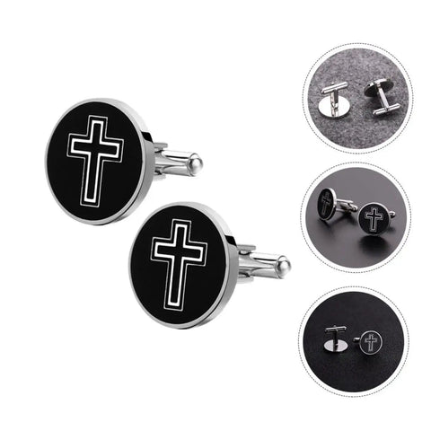 Cross Pattern Titanium Steel Cufflinks For Men Black Polished Shirt Buttons Sleek Durable Fasteners For Formal And Casual Wear Slick Versatile Accessory To Elevate Every Look displayed with close-up details