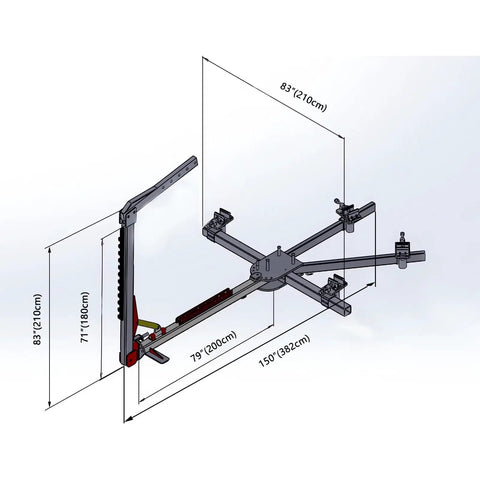 Beefed Up Auto Body Frame Puller Straightener With 10 Ton Hydraulic Power showing frame dimensions and adjustable tower.