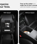Tesla console with One Tap Hidden Storage Box For Tesla Model Y And Model 3 With Tap Access Premium PC Construction on left, open storage on right