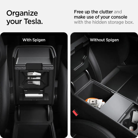 Tesla console with One Tap Hidden Storage Box For Tesla Model Y And Model 3 With Tap Access Premium PC Construction on left, open storage on right