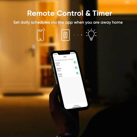 Smartphone showing remote control and timer for 3 Way Smart Dimmer Switch 1 Pack Single Pole Smart Dimmer Compatible With Alexa And Google Assistant WiFi Remote Control Neutral Wire Required Schedule No Hub Needed