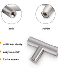 Diagram showing solid single hole T bar cabinet handles 5 pack in brushed nickel stainless steel with solid and hollow details.