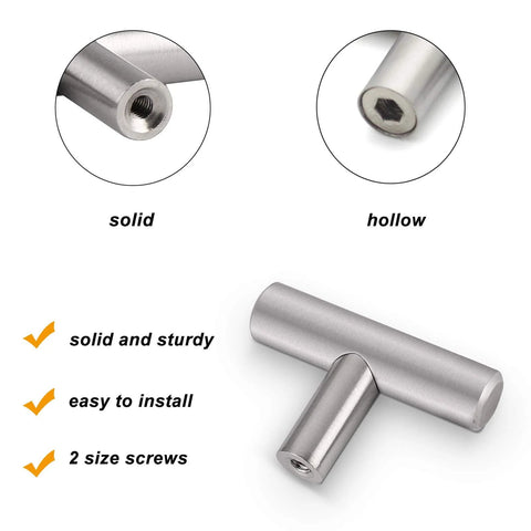 Diagram showing solid single hole T bar cabinet handles 5 pack in brushed nickel stainless steel with solid and hollow details.