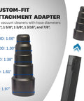 Universal Vacuum Hose Adapter Kit With Three Reducers showing custom-fit attachment with dimensions for various hose sizes.