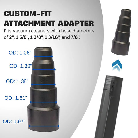Universal Vacuum Hose Adapter Kit With Three Reducers showing custom-fit attachment with dimensions for various hose sizes.