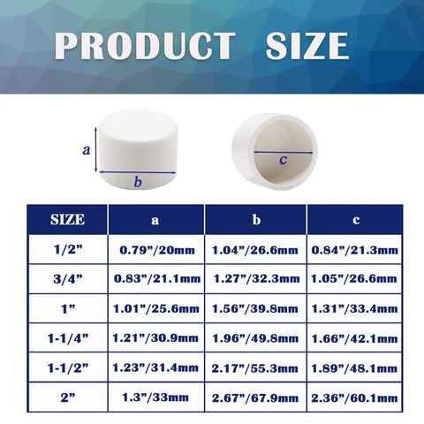 Product size chart for 12 Pack One Half Inch PVC Pipe End Caps With Slip Openings White Caps For Unthreaded Pipes SCH40