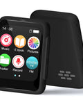 Front and back view of Totally Kid Friendly Bluetooth MP3 Player For Kids With 32GB Storage, showing app icons on screen.