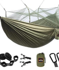 Lightweight Camping Hammock With Mosquito Net For Double Or Single Use, parachute nylon hammock with straps and carabiners, Army Green