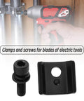 One Set Of Electric Tool Blade Fixtures And Screws For Milwaukee Sawzalls Blade Clamps And Screws Pro Grade Durable Replacement Kit For Heavy Duty Jobs; shown are a black screw and clamp with electric tool background.