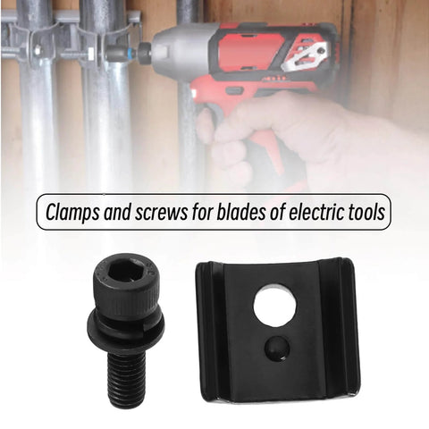 One Set Of Electric Tool Blade Fixtures And Screws For Milwaukee Sawzalls Blade Clamps And Screws Pro Grade Durable Replacement Kit For Heavy Duty Jobs; shown are a black screw and clamp with electric tool background.
