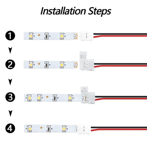 Installation steps for Two Pin LED Strip Connector for 8mm Wide 3528 2835 Single Color Flex Strips Solderless Snap Down