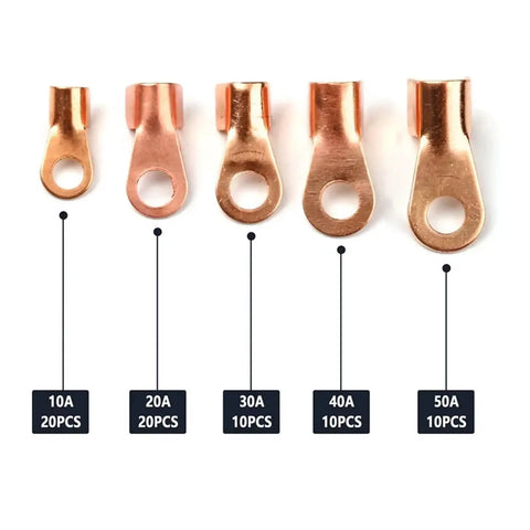 Dope Heavy Duty Open Ring Type Copper Cable Wire Terminal Lugs Kit With 70 Pieces Including Assorted 10 20 30 40 And 50 Amps Non Insulated Connectors For Serious Electric Wiring Jobs That Need Reliable Power Today. 10A to 50A copper lugs set
