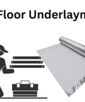 Top Shelf Heavy Duty Flooring Underlayment 400 Sq Ft 1.5 Mm Thick Workhorse Foam Pad With Tape And Vapor Barrier rolled with installation graphic.