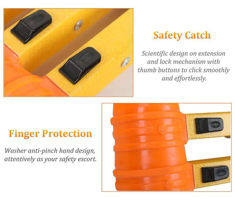 Detail of heavy duty non conductive FRP telescoping ladder safety catch and finger protection mechanism.