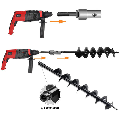Illustration of Auger Drill Adapter for Corded and Cordless Drills Lets You Pair 4 Inch or 6 Inch Garden Auger Bits With a Half Inch SDS Plus Shank Drill Easy Install Universal Fit No Fuss Quick Connect.