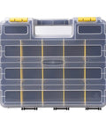 Front view of Double Sided Tool Organizer Box With 34 Compartments And Removable Dividers Clear Lid A Handy Pick For Nuts