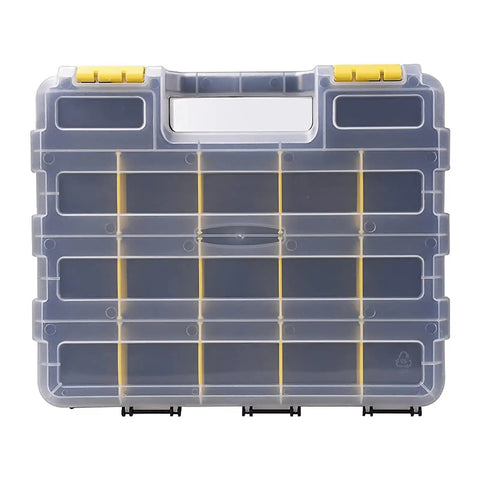 Front view of Double Sided Tool Organizer Box With 34 Compartments And Removable Dividers Clear Lid A Handy Pick For Nuts