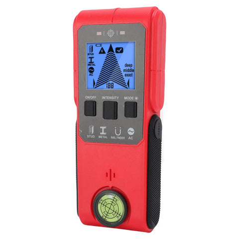FTVOGUE Wall Stud Finder with Metal Wood AC Wire Detection, Handheld, red device with LCD screen and control buttons.