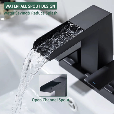 4 Inch Centerset Waterfall Bathroom Faucet With Two Handles, 3 Hole Basin Setup, Pop Up Drain With Overflow, Lavatory Mixer Tap, Go To Vanity Faucet Slick Matte Black Finish flowing water