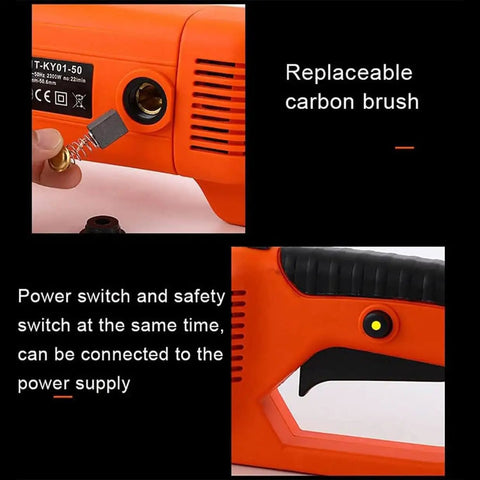 Close-up of Heavy Duty Electric Pipe Threader And Cutter Workhorse With Sealed Copper Motor showing replaceable carbon brush and power switch.
