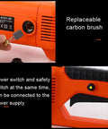 Professional Grade Badass Workhorse Smooth Operator Electric Pipe Threader Handheld Threading Machine 2300W showing replaceable carbon brush and power switch.