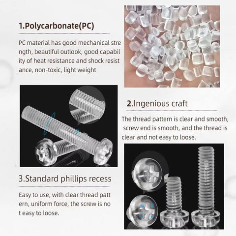 DIY Ready Transparent Polycarbonate Phillips Pan Head Screw Kit, 500 Pcs, M2 To M2.6, in various lengths, shown with details